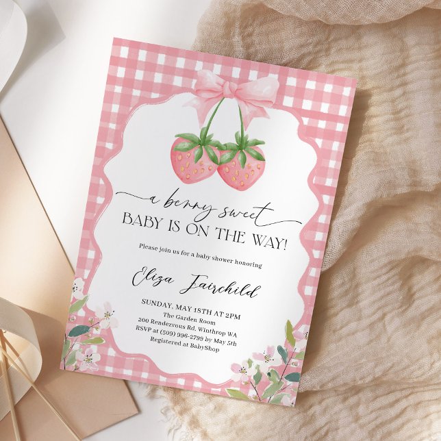 Berry Sweet Strawberry Gingham Baby Shower Invitation (Creator Uploaded)