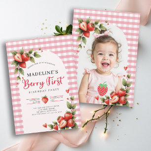 Berry Sweet Strawberry Gingham Photo 1st Birthday Invitation