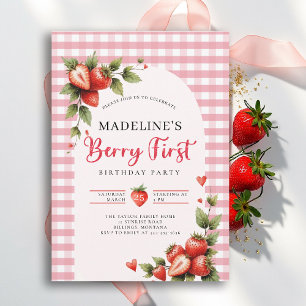Berry Sweet Strawberry Gingham Summer 1st Birthday Invitation