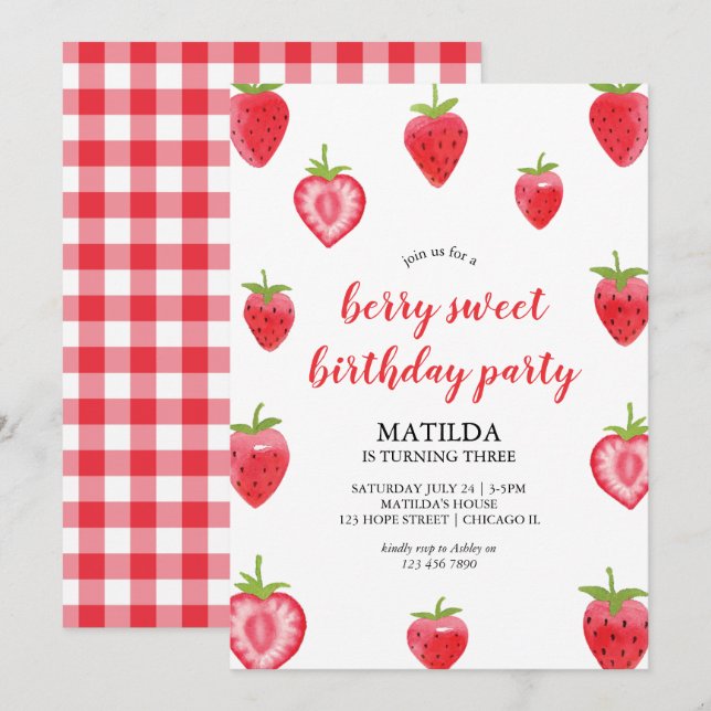 Berry Sweet Strawberry Girl Invitation Anniversair (Devant / Derrière)