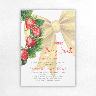 Berry Sweet Strawberry Gold Bow Baby Shower  Invitation