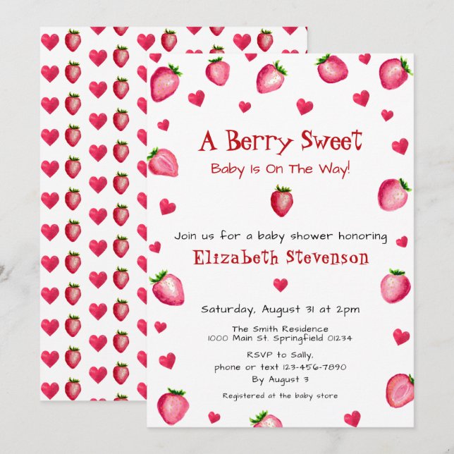 Berry Sweet Strawberry Hearts Unisex Baby Shower Invitation (Front/Back)