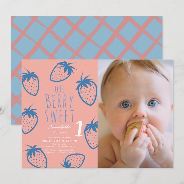 Berry Sweet Strawberry Pink 1st Birthday Photo Invitation (Front/Back)