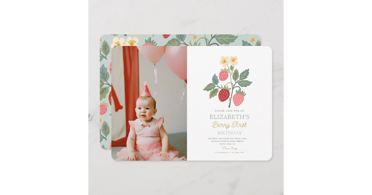 Berry Sweet Strawberry Pink Berry First Birthday Invitation | Zazzle
