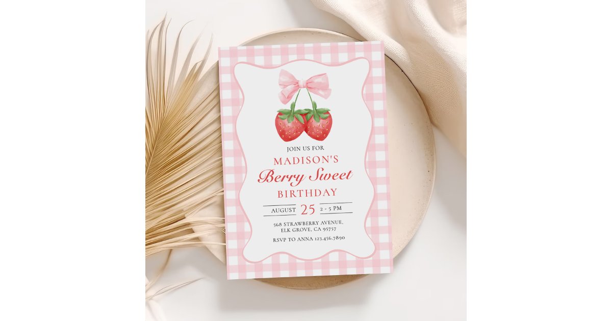 Berry Sweet Strawberry Pink Bow Birthday Invitation | Zazzle