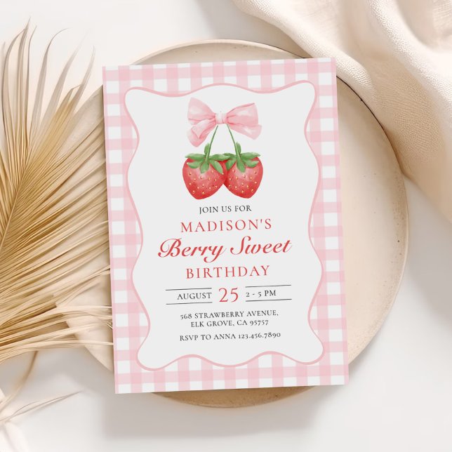 Berry Sweet Strawberry Pink Bow Birthday Invitation (Creator Uploaded)