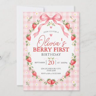 Berry Sweet Strawberry Pink Gingham Birthday Invitation