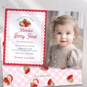 Berry Sweet-Strawberry Pink Gingham Photo Invitation