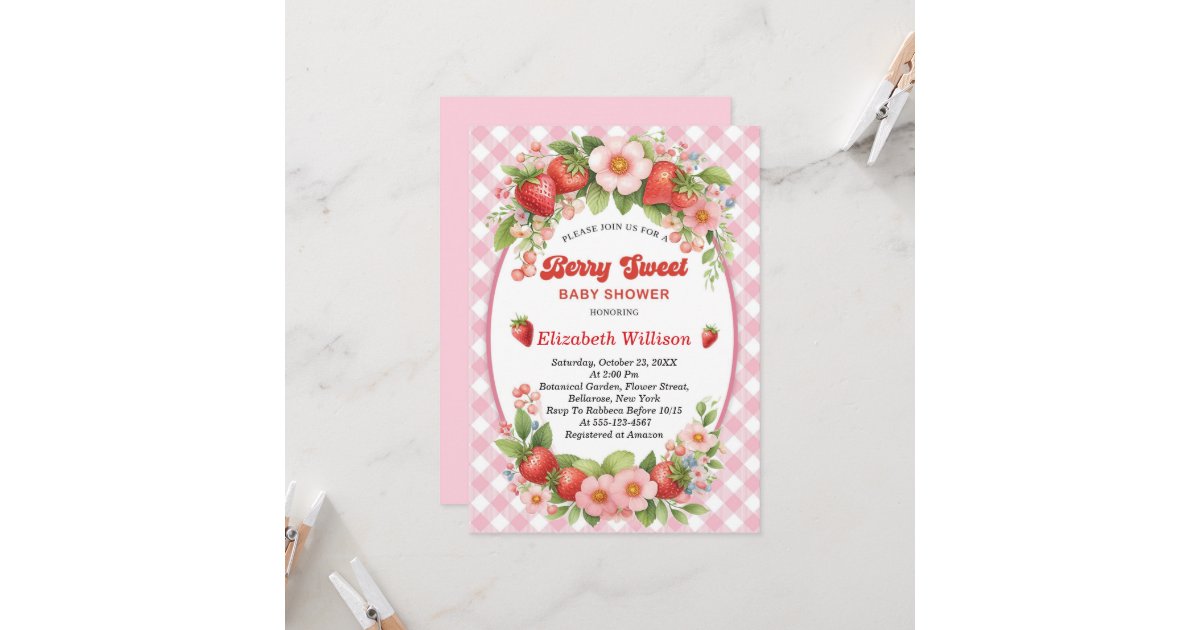 Berry Sweet Strawberry Pink Girl Baby Shower Invitation | Zazzle