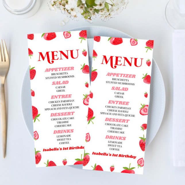 Berry Sweet Strawberry Pink Red Birthday Party Menu (Creator Uploaded)
