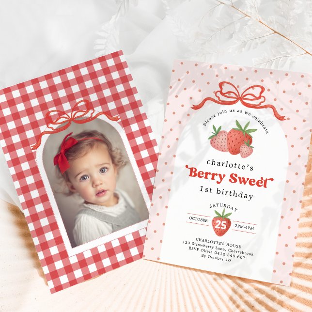 Berry Sweet Strawberry Red Bow Birthday Photo Invitation (Creator Uploaded)