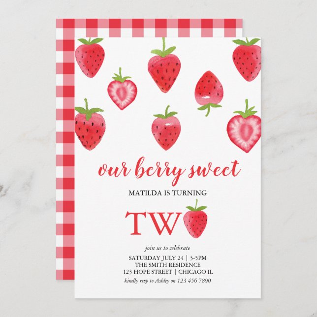 Berry Sweet Strawberry Second Birthday Invitation (Front/Back)