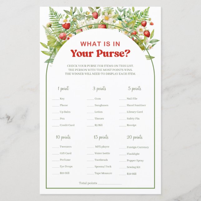 Berry Sweet Strawberry What is in Your Purse Game (Front)