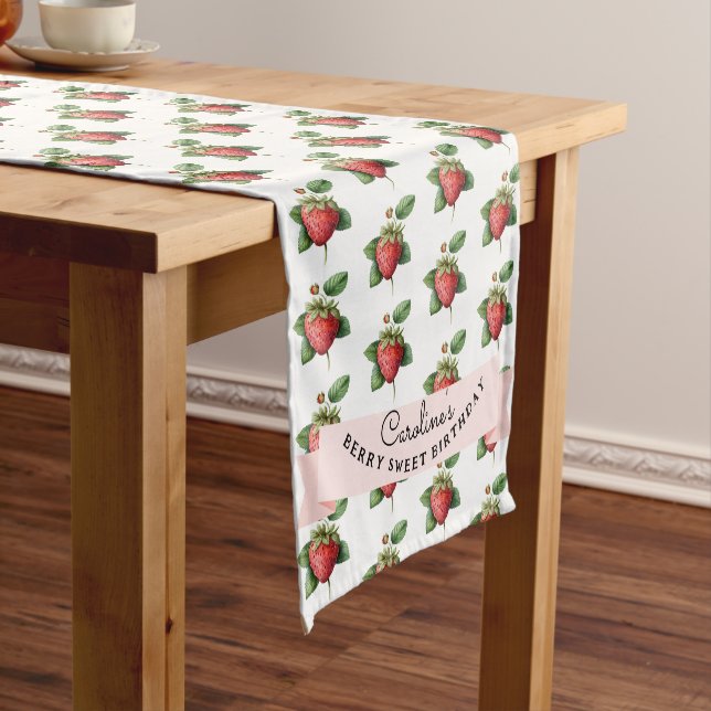 Berry Sweet Strawbery Baby Girl Birthday Party Short Table Runner (In Situ)