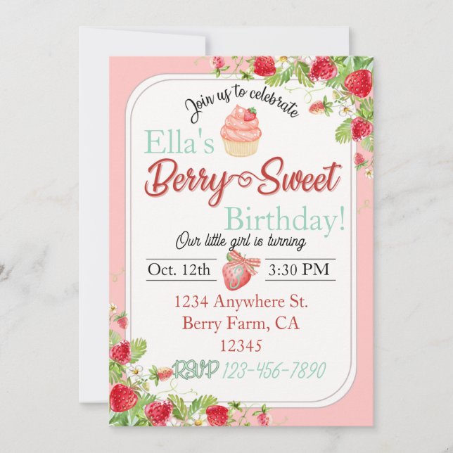 Berry Sweet, Thème fraise Anniversaire Invitation (Devant)