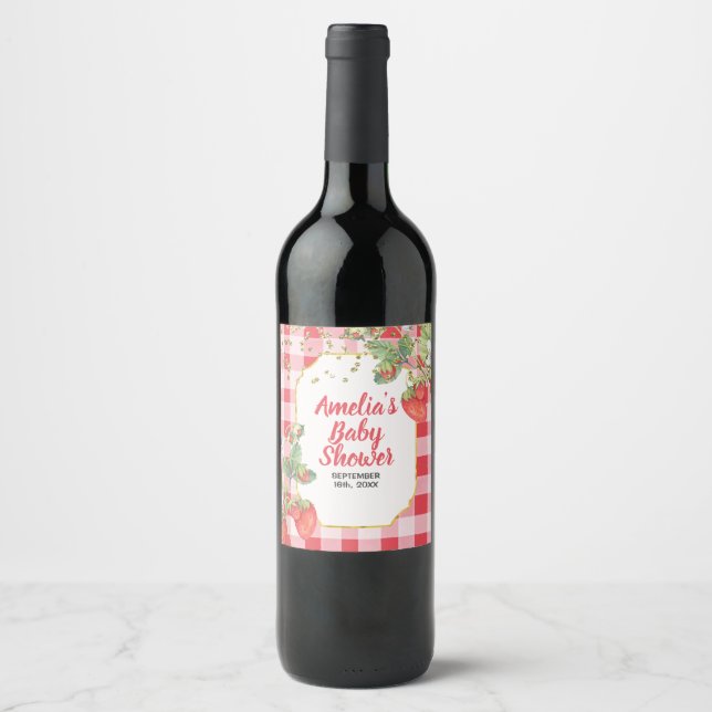 Berry Sweet Watercolor Strawberry Baby Shower Wine Label (Front)