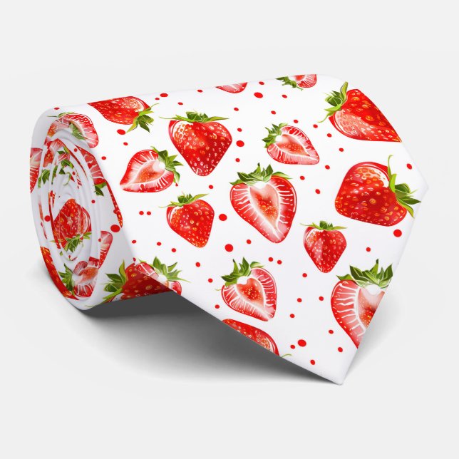 Berry Sweet White and Red Strawberry Pattern Tie (Rolled)