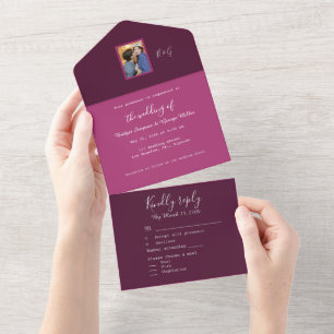 berry tone romantic couple photo monogram all in one invitation