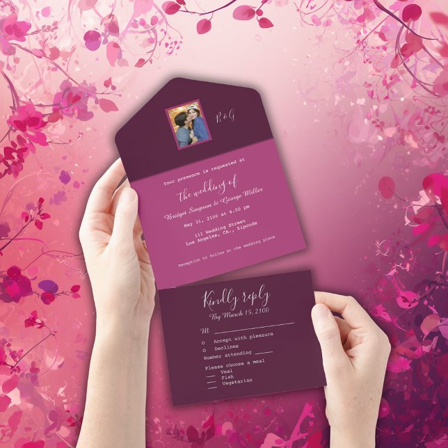 berry tone romantic couple photo monogram all in one invitation (Creator Uploaded)