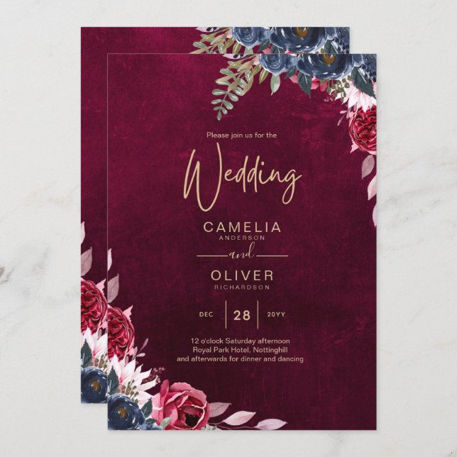 Berry Wine Floral Wedding  Invitation (Front/Back)