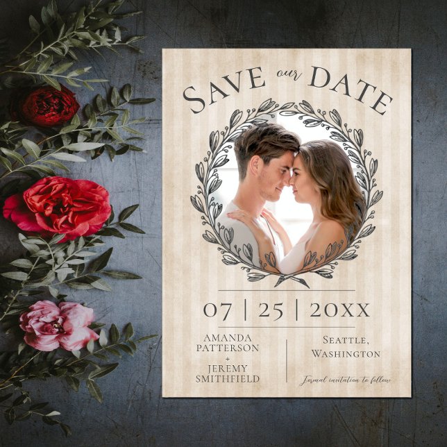 Berry Wreath and Stripes Photo | Beige Save The Date (Berry Wreath and Stripes Photo Save the Date - Beige)