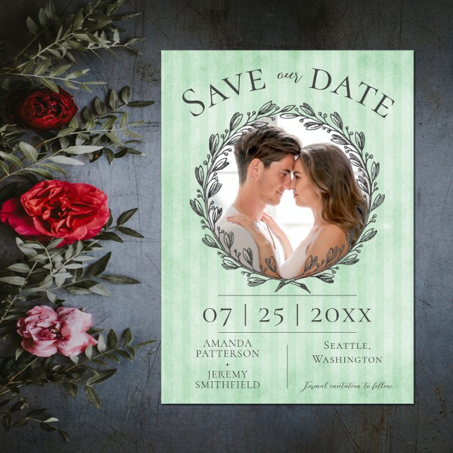 Berry Wreath and Stripes Photo | Green Save The Date (Berry Wreath and Stripes Photo Save the Date - Green)