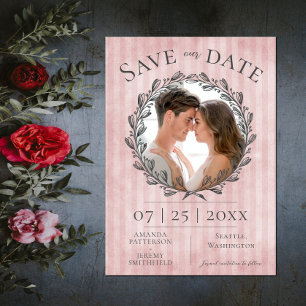 Berry Wreath and Stripes Photo   Pink Save The Date
