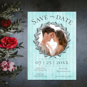 Berry Wreath and Stripes Photo Teal Save The Date