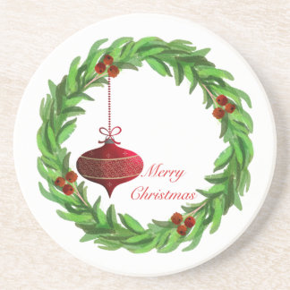 Berry Wreath Merry Christmas Vintage Ornament Coaster