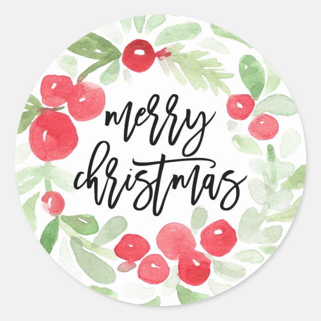 Berry Wreath Merry Christmas Watercolor Classic Round Sticker (Front)