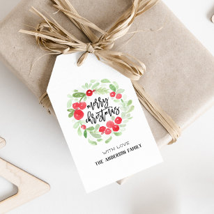 Berry Wreath Merry Christmas Watercolor Gift Tag