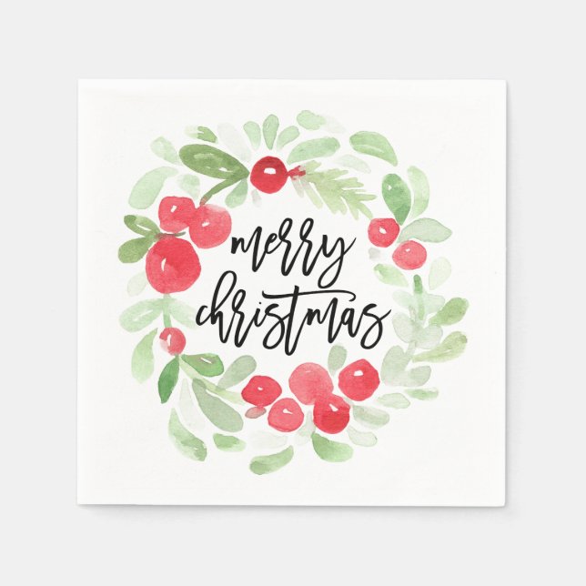 Berry Wreath Merry Christmas Watercolor Napkin (Front)