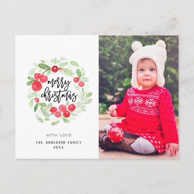 Berry Wreath Merry Christmas Watercolor Photo Postcard (Front)