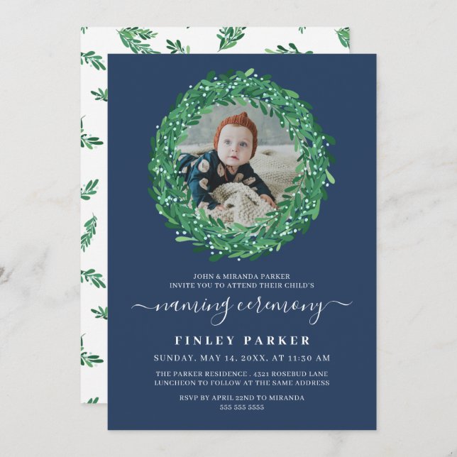 Berry Wreath Navy Blue Naming Ceremony Photo Invitation (Front/Back)