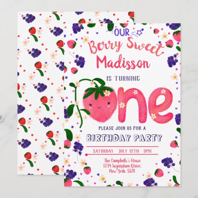 BerrySweet FIRST Birthday Invitation (Front/Back)