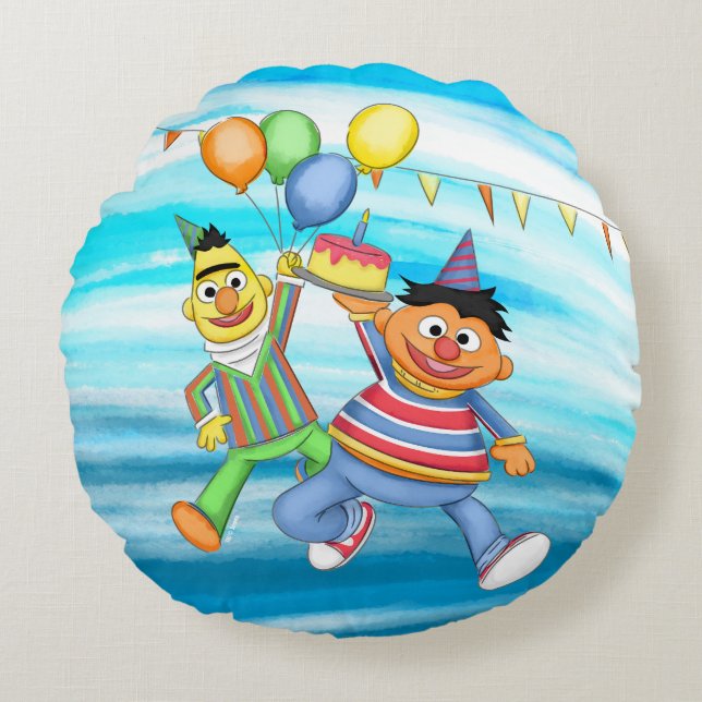 Bert and Ernie Birthday Balloons Round Pillow (Front)