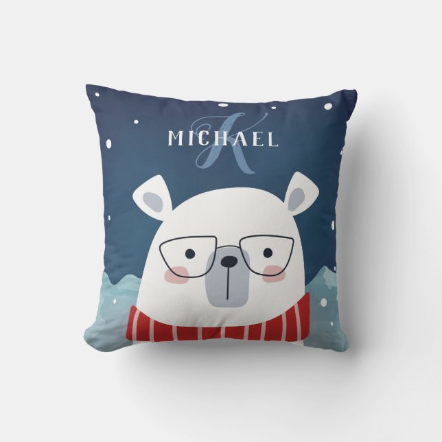 Bespectacled Polar Bear | Monogram Throw Pillow (Front)
