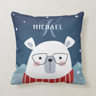 Bespectacled Polar Bear Monogram Throw Pillow
