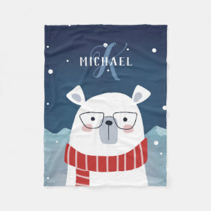 Bespectacled Polar Bear   Monogrammed Fleece Blanket