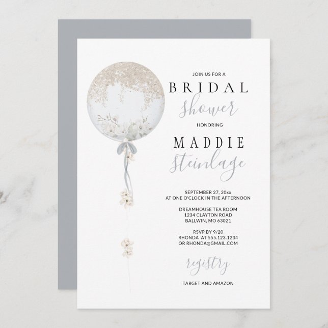 Bespoke Floral Balloon Bridal Shower Invitation (Front/Back)
