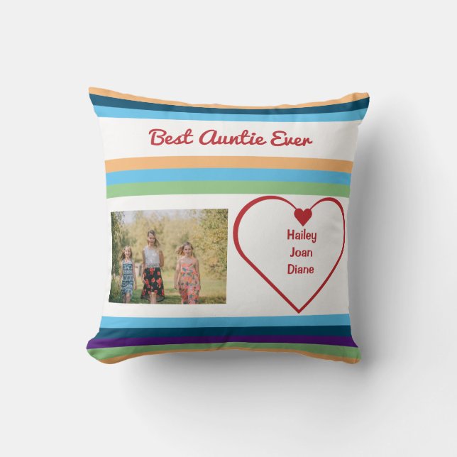 Best Aunt Ever BAE Photo Hearts Names Colour Bands Throw Pillow (Front)