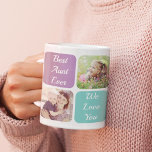 Best Aunt Ever Personalized Photos Purple Teal Coffee Mug<br><div class="desc">Celebrate a favourite aunt with this custom purple and teal design. You can add five family photos of nieces and nephews, personalize the expressions of "Best Aunt Ever" and "I Love You" or "We Love You, " and whether she is called Aunt, Auntie, Tia, etc., and her name. You can...</div>