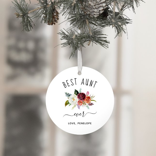 Best Aunt Ever | Trendy Burgundy Boho Floral Photo Ornament (A sweet and simple Christmas ornament keepsake for your favorite aunt)