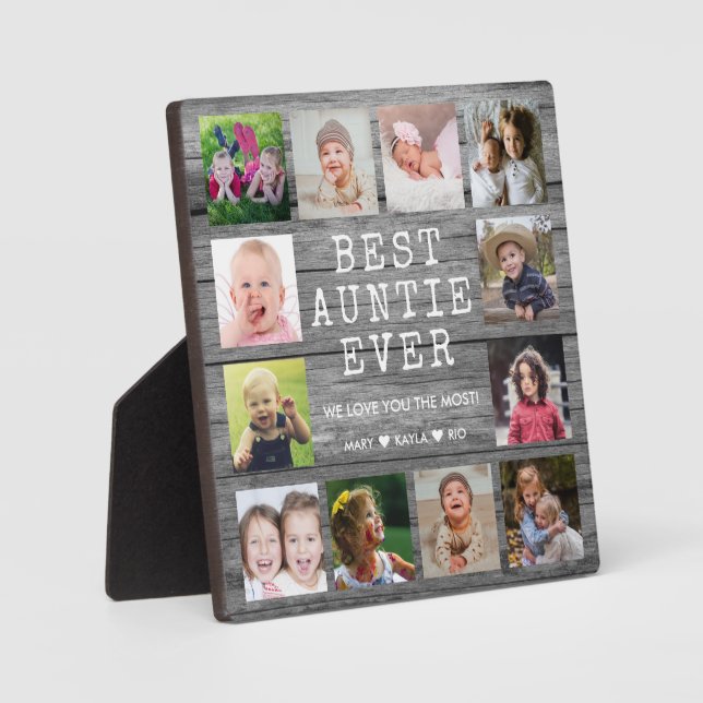 Best Auntie Ever 12 Photo Collage Rustic Grey Wood Plaque (Front)