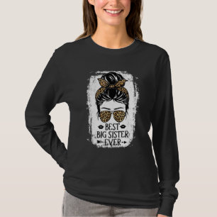 Best Big Sister Ever Women Messy Bun Leopard Decor T-Shirt