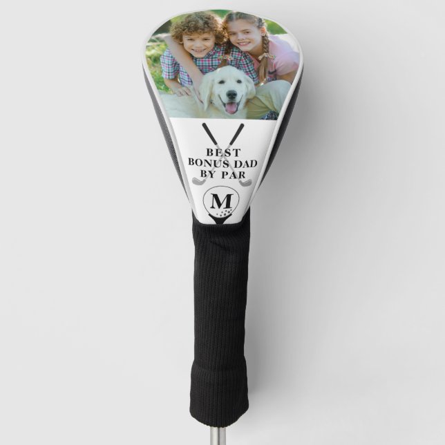BEST BONUS DAD BY PAR Photo Monogram Black White Golf Head Cover (Front)