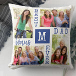 Best Bonus Dad Ever 4 Photo Blue White Monogrammed Throw Pillow<br><div class="desc">Custom Photo Collage Pillow for the Best Bonus Dad Ever. The template is set up ready for you to add 4 of your favourite photos and an initial. A great gift for your stepdad on Father's day, a birthday or as a keepsake of an event or personal achievement. The design...</div>