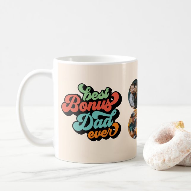Best Bonus Dad Ever Retro Father's Day Four Photo Coffee Mug (With Donut)