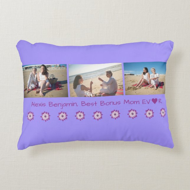 Best Bonus Mom Ever, w/ Heart. Name + 3 Photos  Accent Pillow (Front)