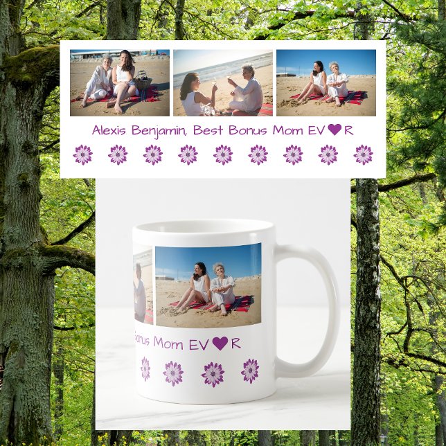 Best Bonus Mom Ever, w/ Heart. Name + 3 Photos  Coffee Mug (Best Bonus Mom EVER w/ heart. Personalized name & 3 photos. Modern, elegant, cute Mother's Day gift)